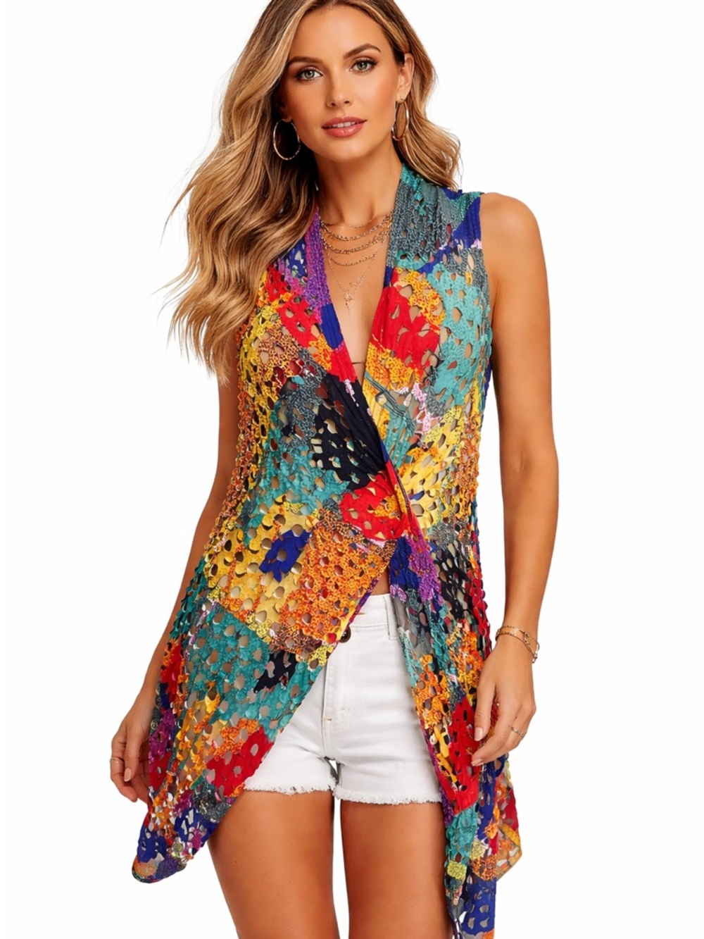Adore Multicolor and pattern laser cut rainbow wrap vest scarf